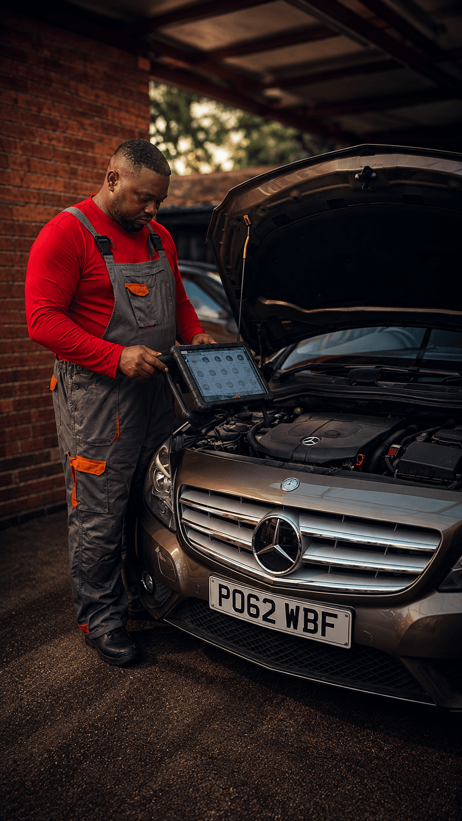 A technician checking a silver Mercedes with a diagnostic tablet
